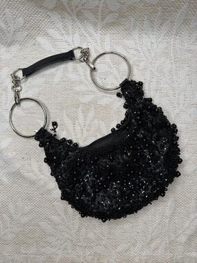 Y2K Aldo Black Beaded Ring-Handle Evening Bag